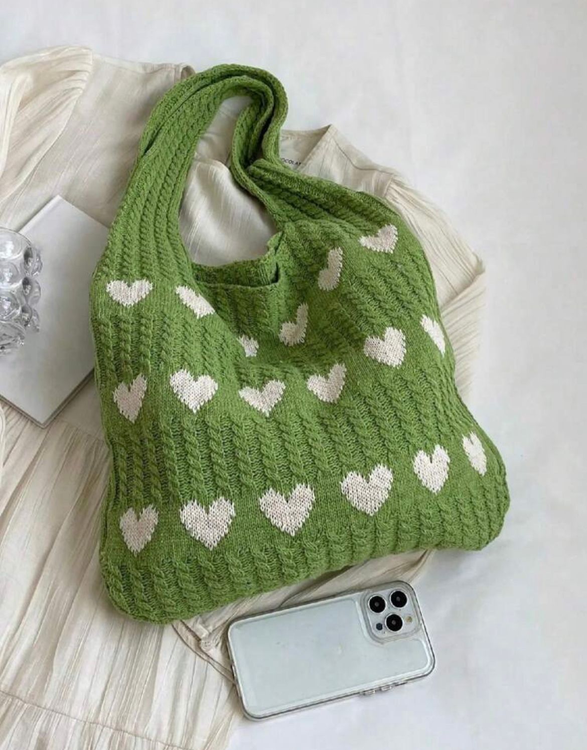 Geometric Hearts Crochet Bag (Green)