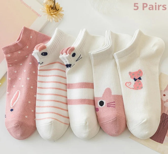 5 Pairs Women's Cute Cat Crew Socks - One Size, Mixed Colors