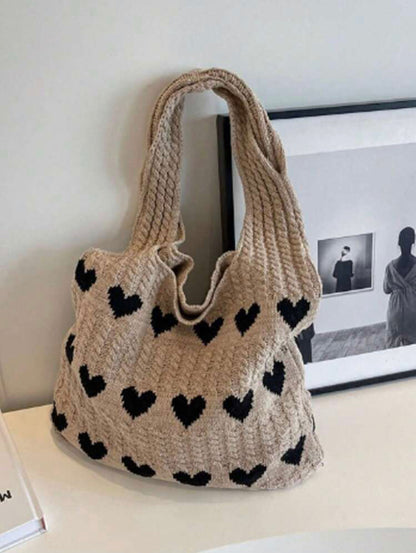 Geometric Hearts Crochet Bag (Beige)