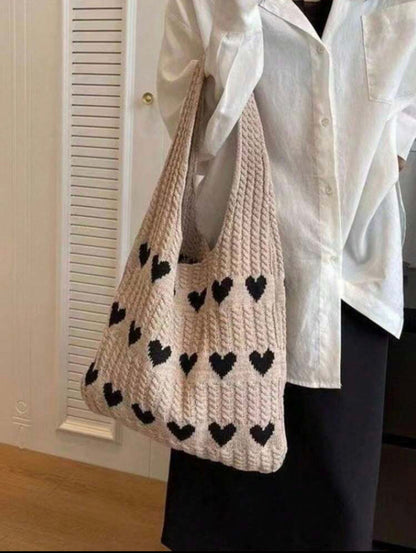 Geometric Hearts Crochet Bag (Beige)