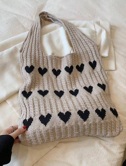 Geometric Hearts Crochet Bag (Beige)