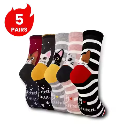 5 Pairs Women's Cute Cat Crew Socks - One Size, Mixed Colors