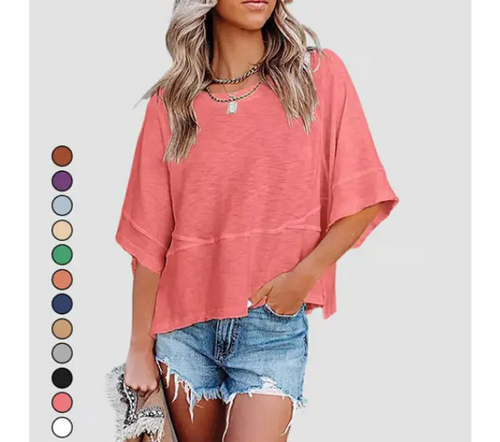 Panel Solid Color Flared Sleeve T-Shirt