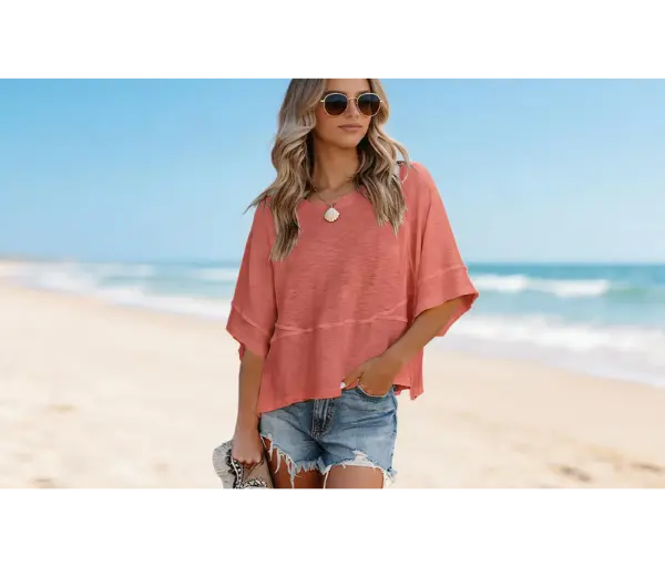 Panel Solid Color Flared Sleeve T-Shirt