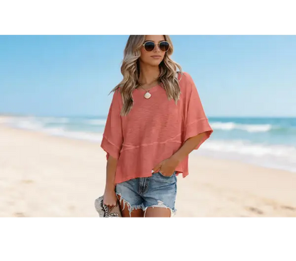 Panel Solid Color Flared Sleeve T-Shirt